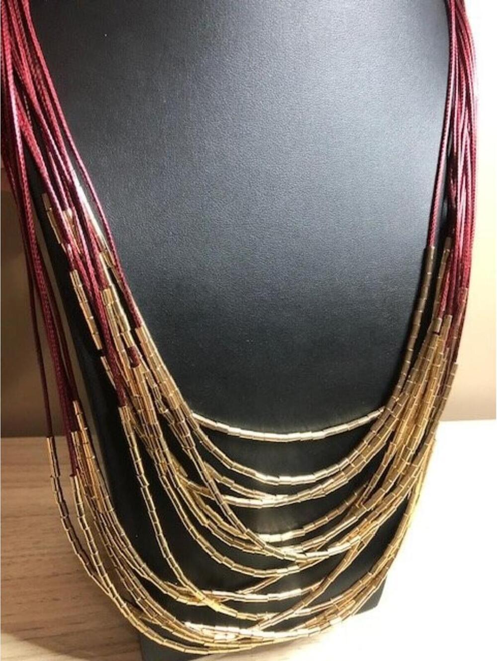B3696 TASHA Multi Strand Necklace Adjustable Burgundy Gold Tone Layered 36"
